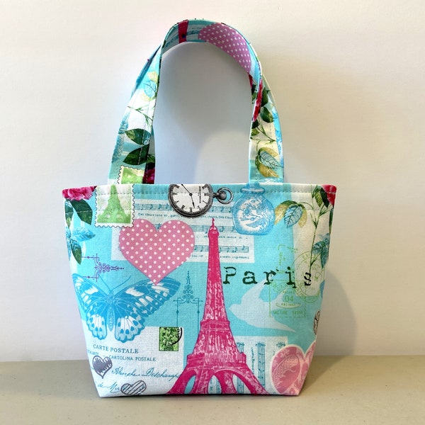 Girls Paris Tote Bag, Handmade Eiffel Tower Tote Bag, Little Girls Purse with Paris Theme, Girls Aqua Carryall, Paris Tote to Match Dress