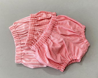 New for Spring! Pink Baby Bloomers in Gingham Plaid or Stripes, Home Spun Cotton Diaper Covers, Plaid Shorties, Baby Bummies, Size Nb - 18m