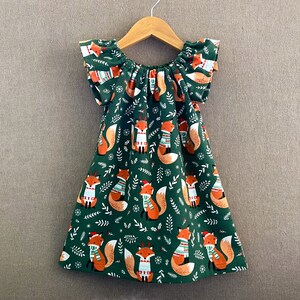 Girls Fox Dress: Woodland Cotton Flannel Peasant Dress - Handmade (Size 12m-8)