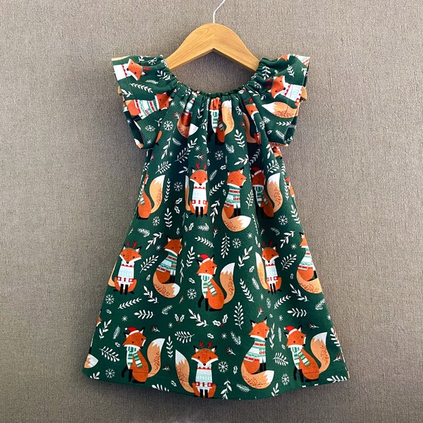 New! Girls Cute Fox Dress with Flutter Sleeves, Forest Green Woodland Dress with Orange Foxes, Cozy Cotton Flannel Peasant Dress, Size 12m-8