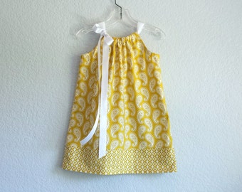 Girls Mustard Yellow Pillowcase Dress in a Pretty Paisley Print, Pullover Sun Dress with Ribbon Ties, Handmade Cotton Summer Dress, 12m - 10