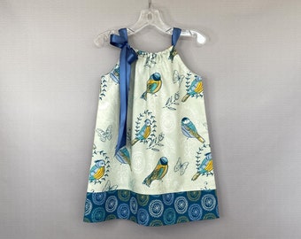 Last One! Size 12m Girls Pillowcase Dress with Birds, Pretty Cotton Dress with Birds and Butterflies, Pullover Sun Frock with Ribbon Ties