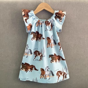 New! Girls Blue Dress with Horses, Cute Flutter Sleeve Dress with Western Horses, Cozy Pullover Cotton Flannel Peasant Dress, Sizes 12m - 10