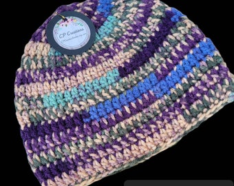 Hand Crocheted Adult Small, Beanie,  Winter Hat, Purple, Beige, Blue, Green