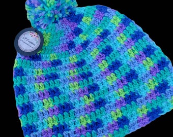 Hand Crocheted Adult XLarge, Beanie,  Winter Hat, Mint green, purple, multicolors