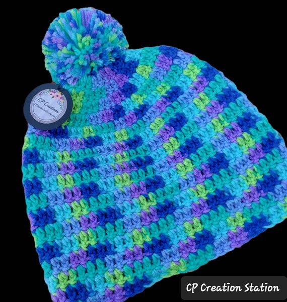 Handmade Mint & Black Crochet Beanie with Purple Trim Hand Crochet Blue Green Black Purple Winter Beanie, Cozy and  main image 2