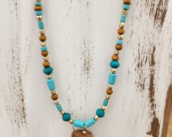 Gorgeous Handcrafted Wood Inlay Turquoise Necklace