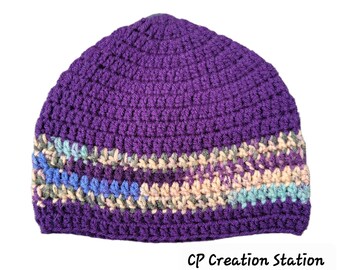 Hand Crocheted Adult Small, Beanie,  Winter Hat, Purple, Beige