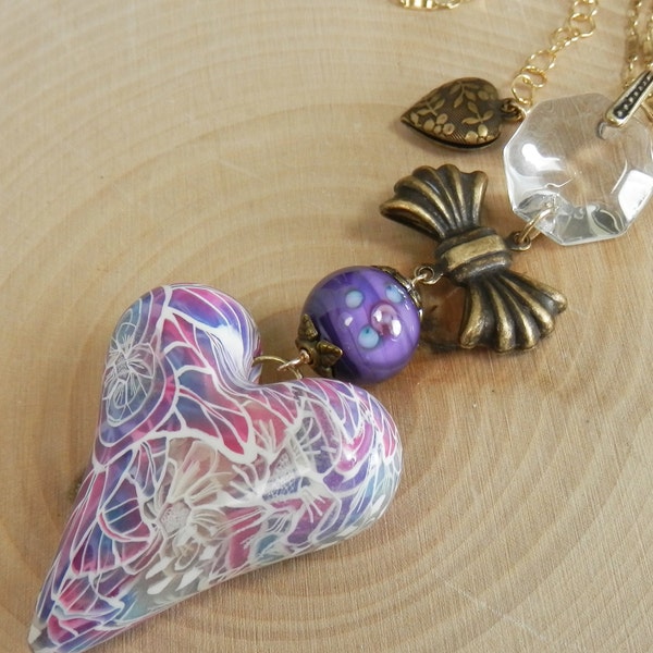 Pink and Purple Mokume Gane Polymer Artist Heart Bead Pendant with antique and handmade glass on Gold Filled Chain