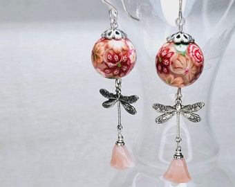 Peachy Pink Tropical Flower Polymer Dragonflies Sterling Earrings featuring Beads by elenadesignbead