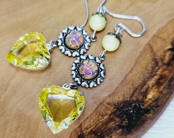 Vintage Faceted Yellow Hearts & Opal Glass Sterling Earrings