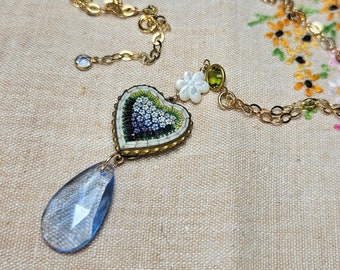 Antique Micro Mosaic Forget Me Not Heart, Deco Faceted Drop, Carved MOP Flower on Gold Filled Chain Necklace