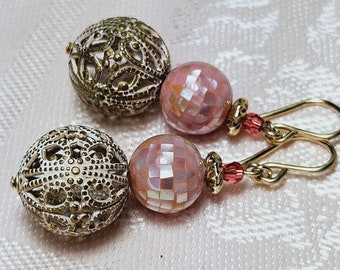Mosaic Pink Mother of Pearl, Vintage Shabby Chic Filigree Beads Gold Filled Earrings