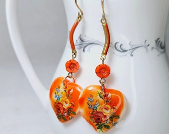 Vintage Floral Printed Orange Glass Hearts & Orange Enamel Link Earrings Gold Filled Ear Wires