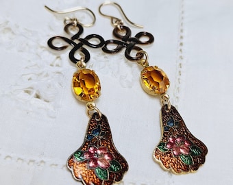 Vintage Brown Cloisonne Floral Drops, Mother of Pearl Knots, Topaz Rhinestones Gold Filled Earrings