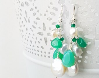 Green Chalcedony Briolette, Pearls, Sterling Silver Earrings