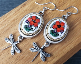 Antique Micro Mosaic Red Floral, Dragonflies Sterling Silver Earrings
