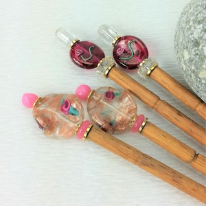 Pair of Hairsticks Handmade Pink Flower Glass Choice of Flower Beads image 1