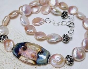 Pink Coin Freshwater Pearl Necklace feat. Artist Dichroic Lampwork w/ Sterling Silver Finishings