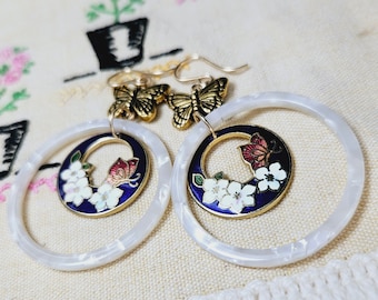 Vintage Blue Cloisonne, Layered Acrylic Hoops, Butterfly Gold Filled Earrings