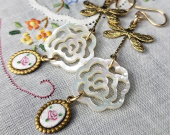 Vintage Guilloche Enamel Drops, Carved Mother of Pearl Roses, Dragonfly and Gold Filled Earrings