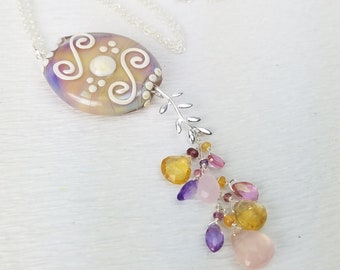 Pendant on Chain featuring Dawn Teskey Lampwork Bead with Pink & Lavender Gemstone Briolettes