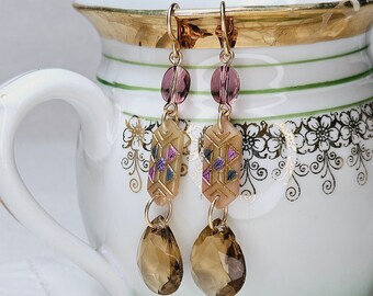Antique Deco Glass Links, Faceted Topaz Glass Drops Vintage Pink Swarovski Gold Filled Earrings