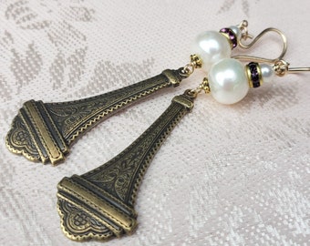 Art Nouveau Inspired Drops, White Freshwater Pearls, Vintage Purple Crystal  Gold Filled Earrings