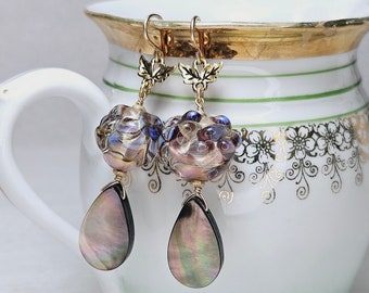 Handmade Paperweight Glass, Aurora Mother of Pearl Earrings goldfilled ear wires