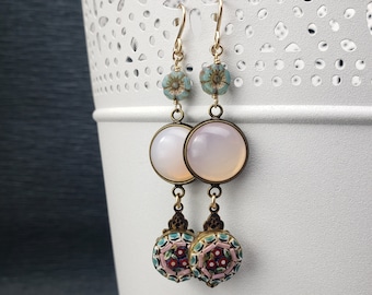 Upcycled Vintage Micro Mosaic, Pale Pink Opal Glass, Turquoise Flowers and Gold Filled Earrings