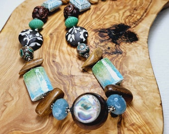 Vintage Bead Collection Knotted Necklace w/ Porcelain Ceramic Glass Wood Gemstone Abalone Carved