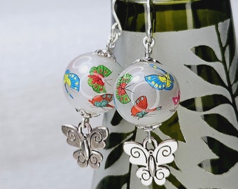 Vintage Chinese Reverse Painted Glass Butterflies Sterling Silver Earrings