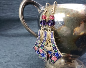 Vintage Upcycled Purple Cloisonne Drops Swarovski Crystal Gold Filled Earrings