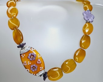 Butterscotch Chalcedony Necklace feat. SoulOfGlass Floral Lampwork & Toggle Clasp