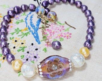 Freshwater Pearl Necklace feat. SoulOfGlass Lampwork w/ MOP Mosaic Gold Filled Findings