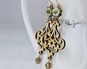 Laser Cut Wood Filigree, Vintage Cloisonne Spring Green Flower Gold Filled Earrings