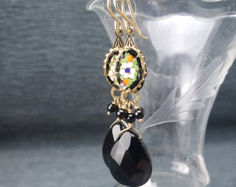 Vintage Italian Floral Micro Mosaic, Black Faceted Drops & Gold Filled Earrings