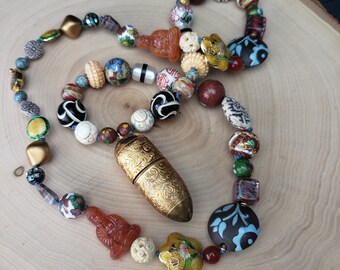 Vintage Bead Collection Knotted Necklace w/ Locket, Porcelain, Cloisonne, Handmade Glass, Ceramic, Lucite, Venetian