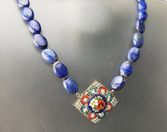 Vintage Upcycle Blue Floral Italian Micro Mosaic Blue Lapis Beads Necklace