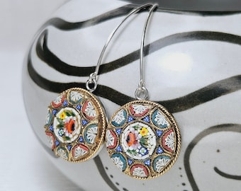Antique Micro Mosaic Mixed Floral and Marquise Sterling Silver Earrings