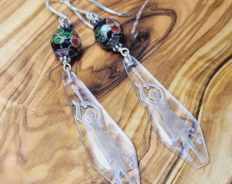 Deco Antique Etched Glass Dancers, Vintage Cloisonne Sterling Silver Earrings