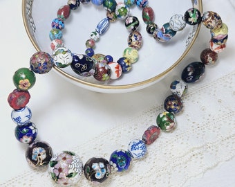 Vintage Mixed Color Floral Cloisonne Porcelain Bead Collection Knotted Necklace