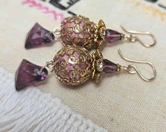 Vintage Pink Pearl Filigree, Amethyst Faceted Glass, Rhinestone Caps Earrings Gold Filled Wires