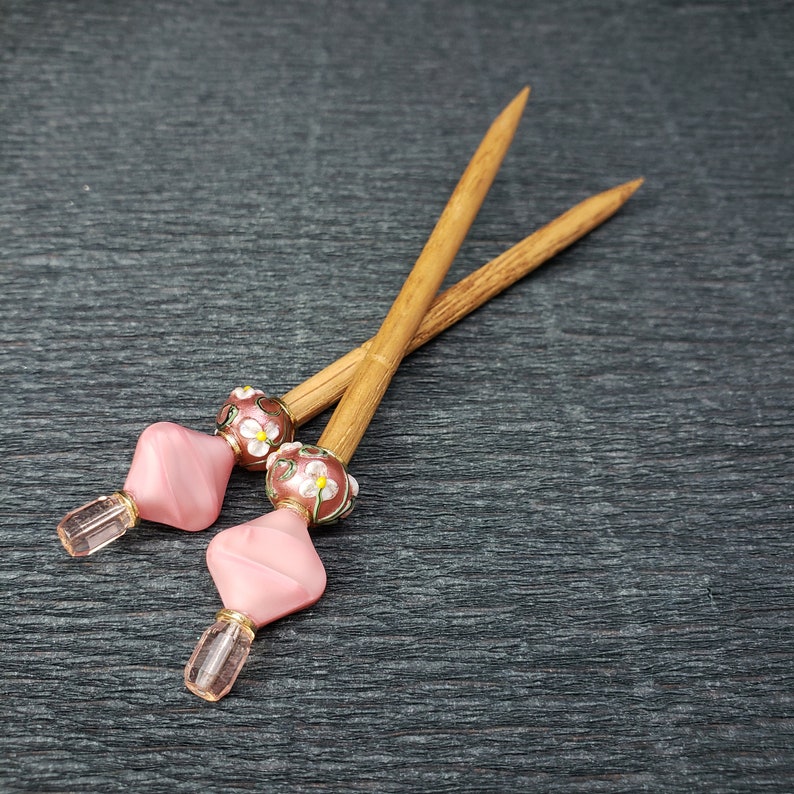 Pair of Hairsticks Handmade Rose Gold Flower Glass with White Flower Trail image 3