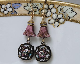 Upcycled Antique Micro Mosaic Floral, Pink Flower Beads and Gold Filled Earrings