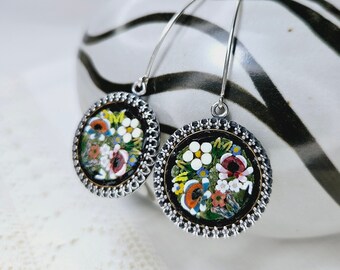 Antique Micro Mosaic Mixed Floral on Black and Marquise Sterling Silver Earrings