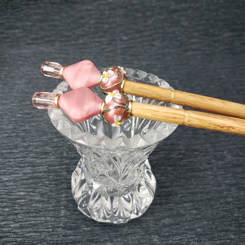 Pair of Hairsticks Handmade Rose Gold Flower Glass with White Flower Trail image 1