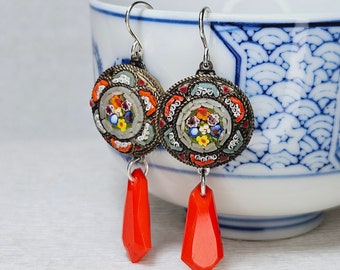 Antique Micro Mosaic Mixed Floral, Faceted Coral Orange Deco Glass Sterling Silver Earrings