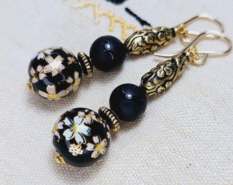 Black Floral, Japanese Decal Beads Tierracast Beads Carved Onyx Gold Filled Earrings