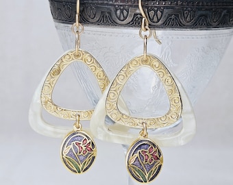 Vintage Purple Cloisonne, Layered Acrylic Drops, Scrolled Details Gold Filled Earrings